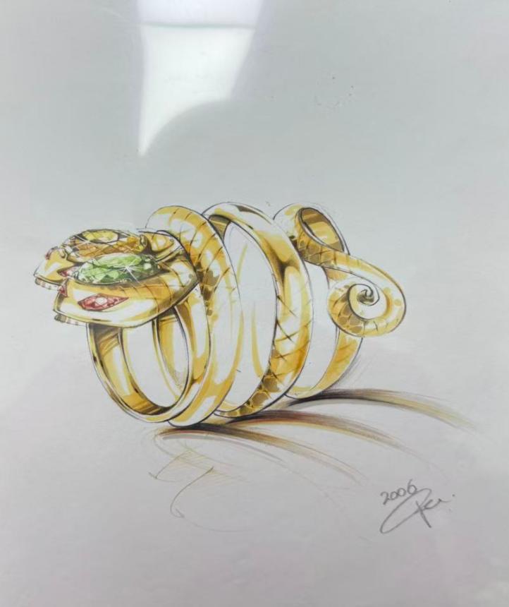 三圈盘绕蛇形戒手绘稿